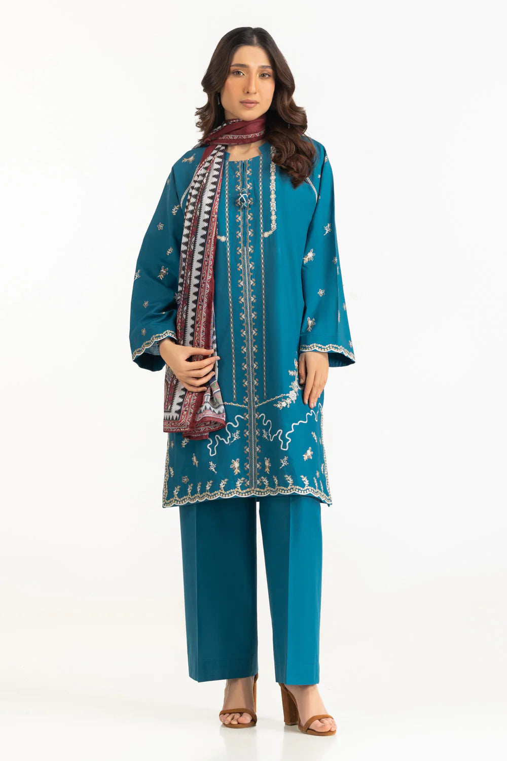 3PC Cambric Embroidered Suit With Scarf