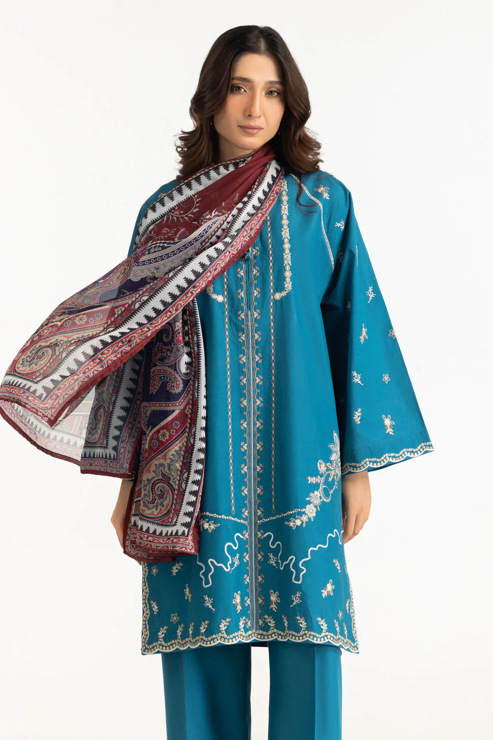 3PC Cambric Embroidered Suit With Scarf